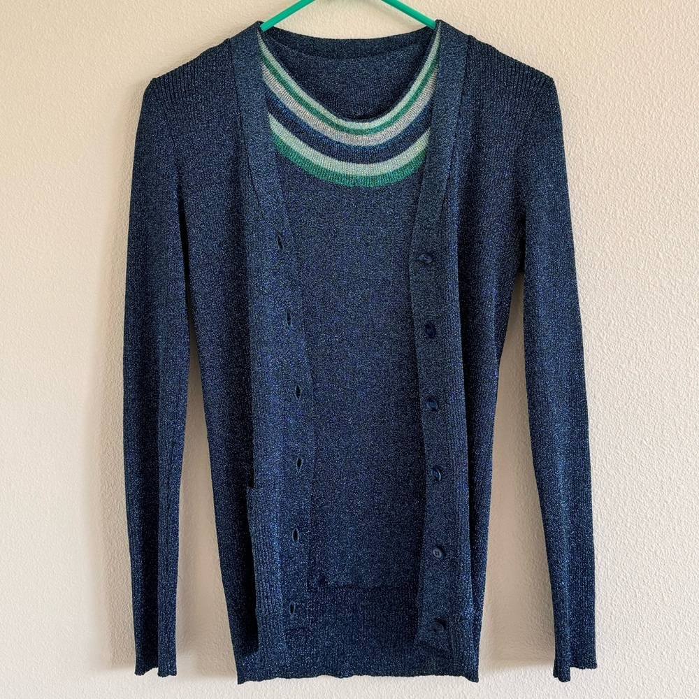 Vintage 1970s Cardigan Set Metallic Knit Lurex Blue Green Silver EUC Renée Tener